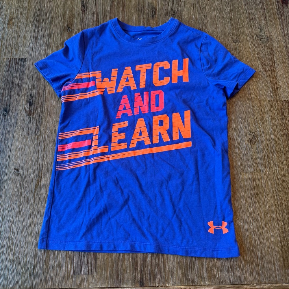 3/20$ Under Armour Kids Vibrant Blue Tee with Orange Graphic size Youth Small